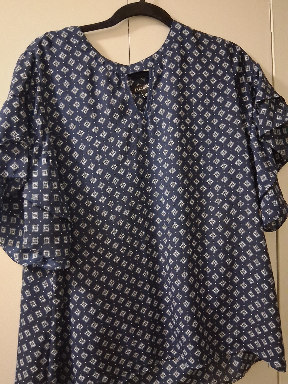 Navy Printed Ruffle Sleeve Women's Top